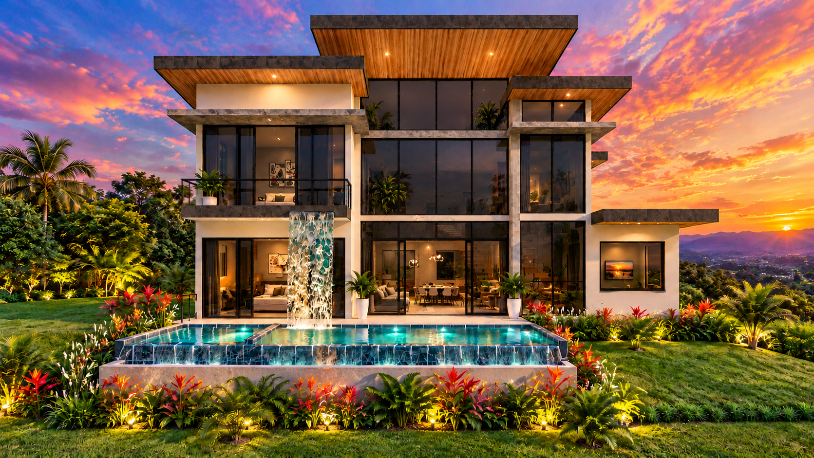 Modern Vista Ridge home exterior at sunset, architectural visualization